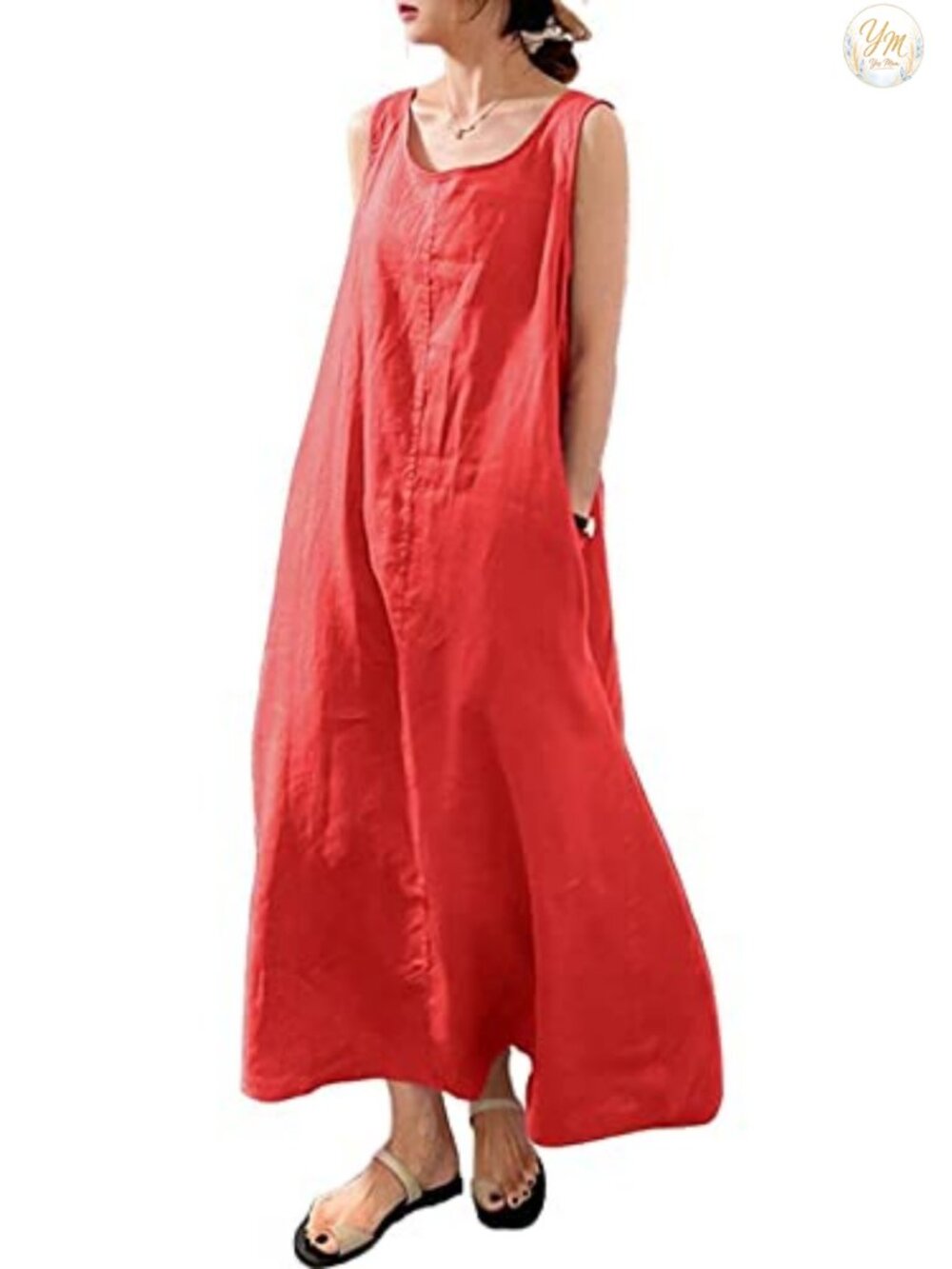 Sleeveless Cotton Maxi Tank Dress A-Line Beach Sundress with Pockets